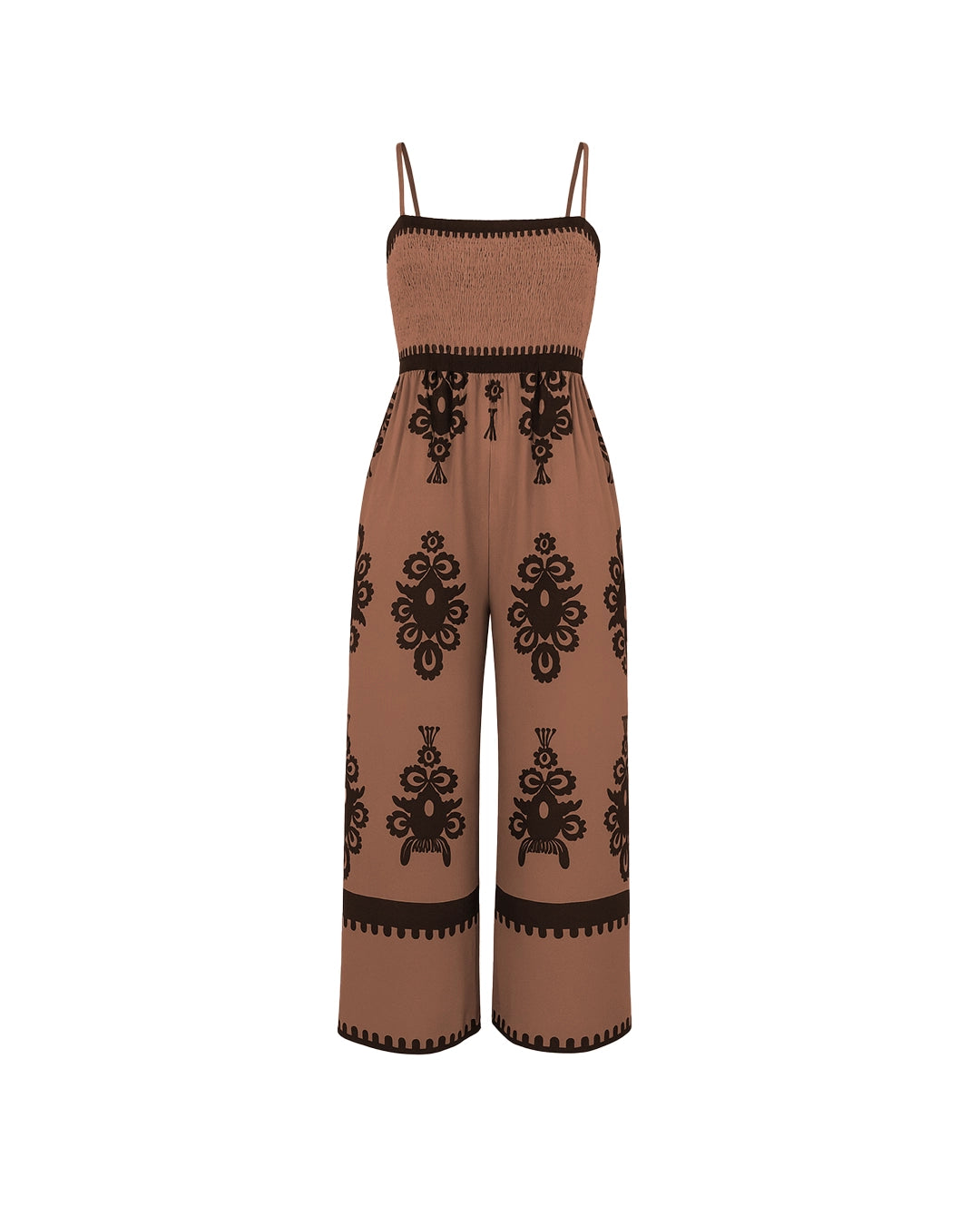 Brown jumpsuit with black floral patterns on a white background
