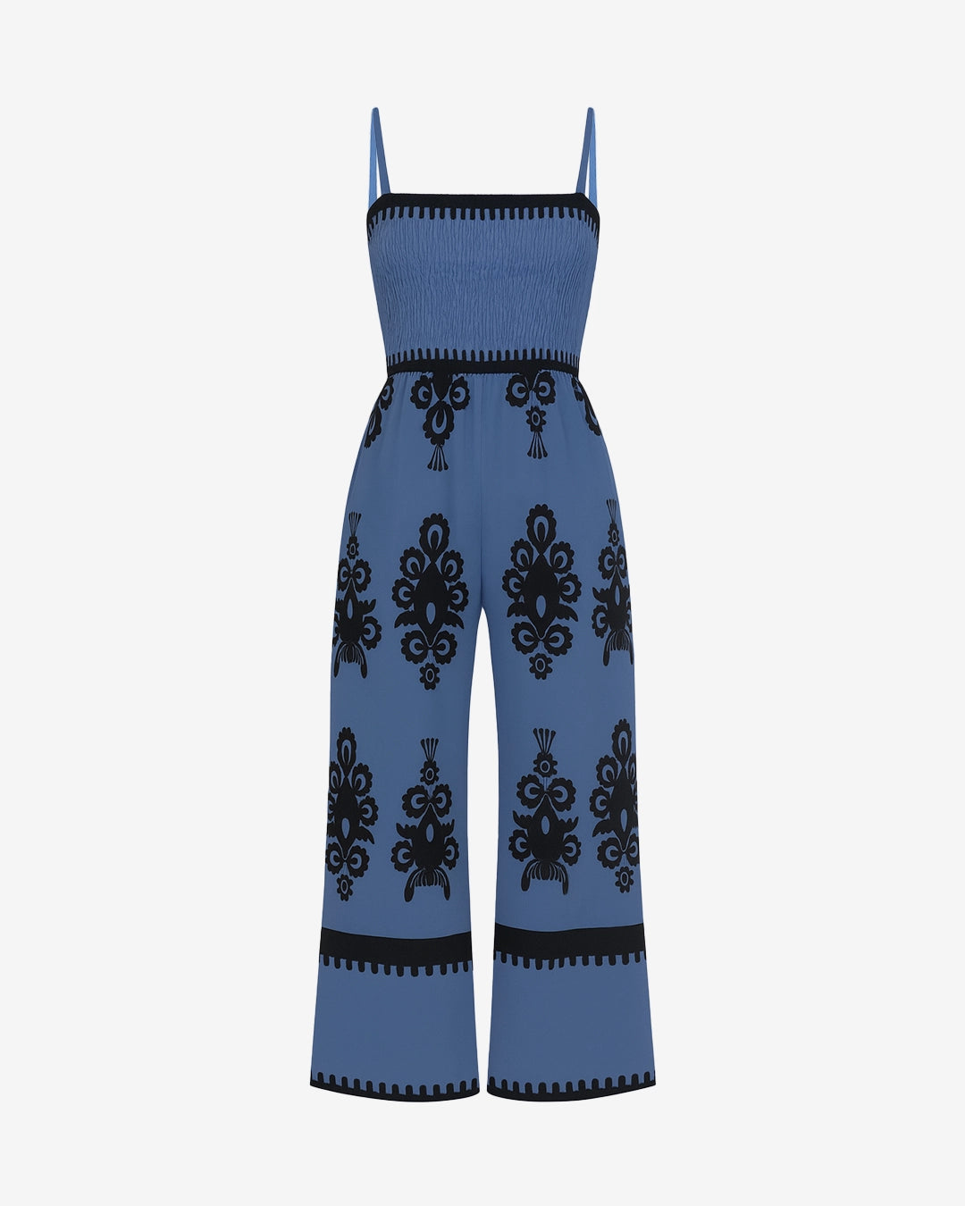 Blue jumpsuit with black pattern on a white background