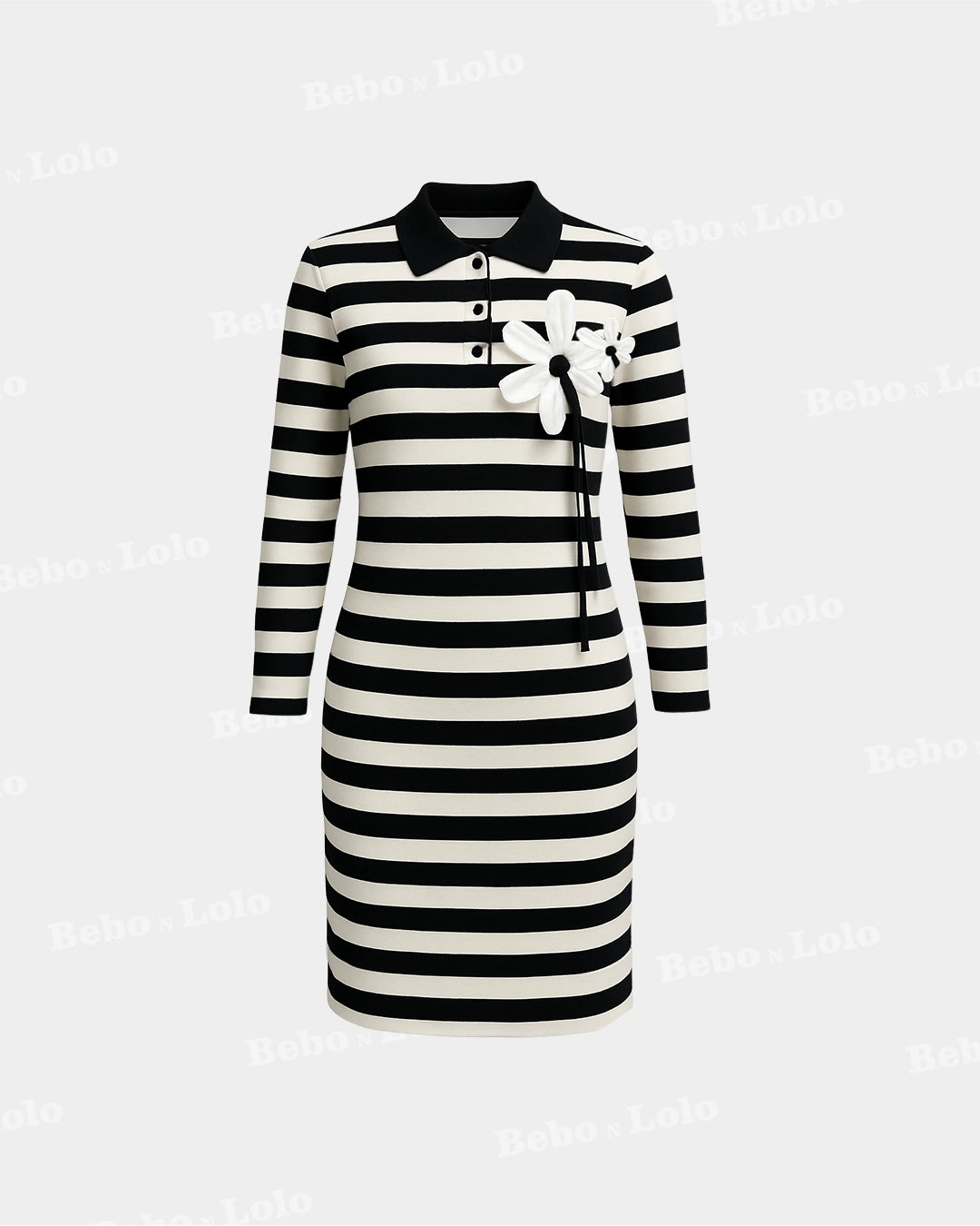 BeboNLolo black and white striped long-sleeve knee-length dress with black collar and floral applique – Front View
