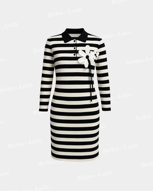 BeboNLolo black and white striped long-sleeve knee-length dress with black collar and floral applique – Front View