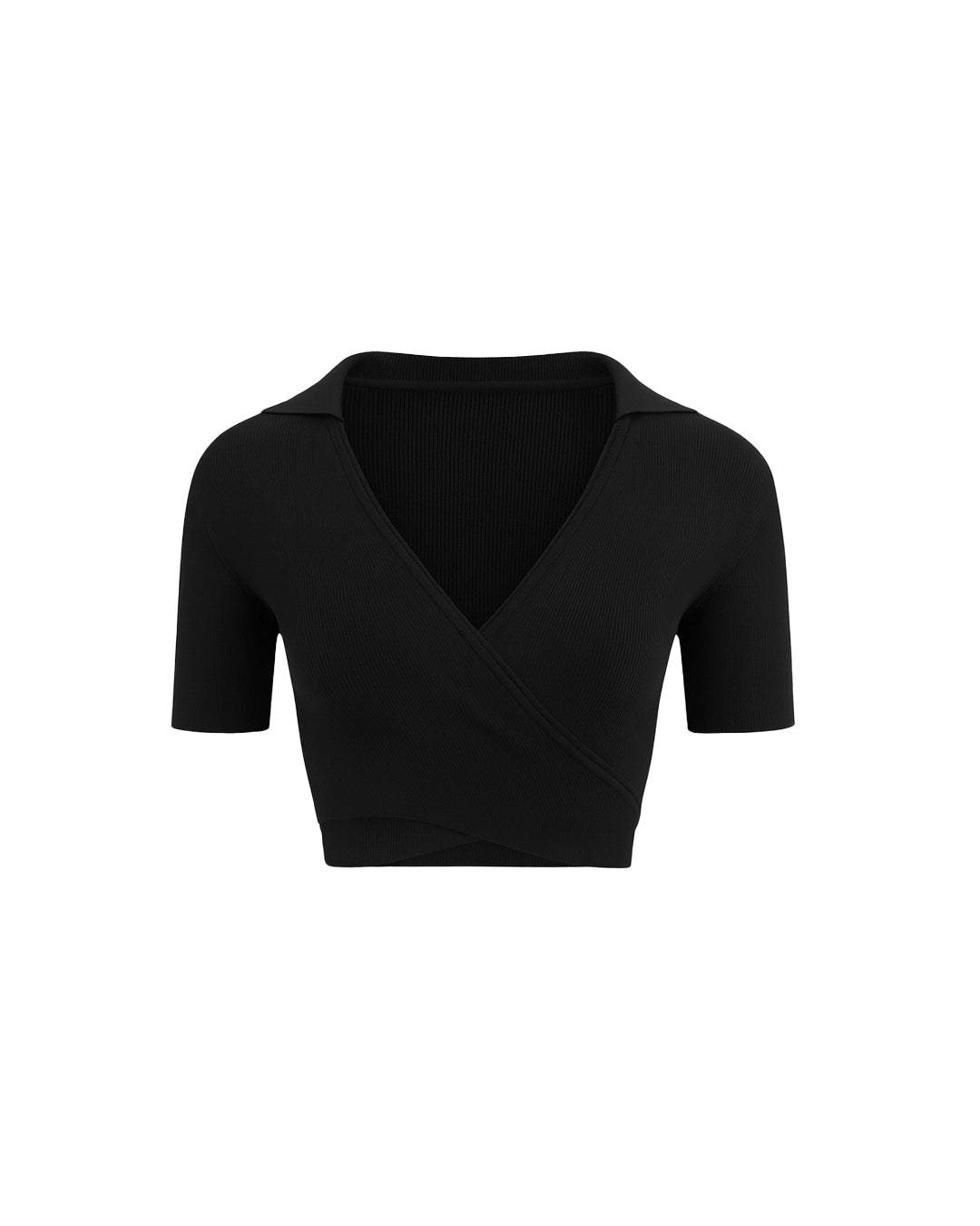 Black crop top with a V-neck on a white background