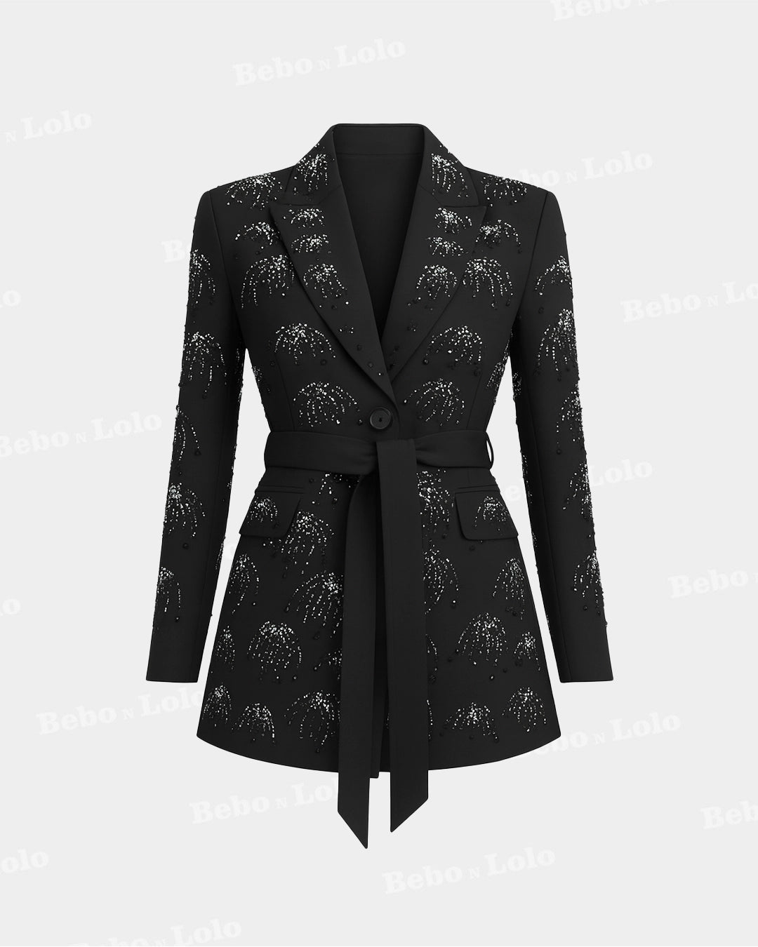 BeboNLolo black embellished blazer dress with shimmer bead embroidery and belted waist – Front View