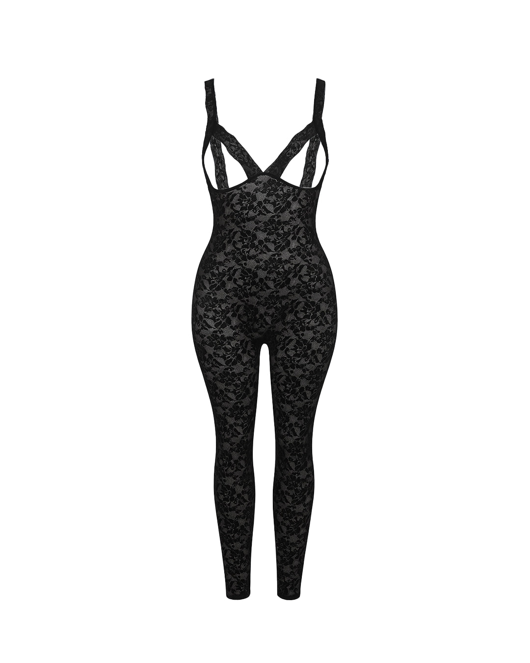 Black patterned jumpsuit on a white background