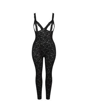 Black patterned jumpsuit on a white background