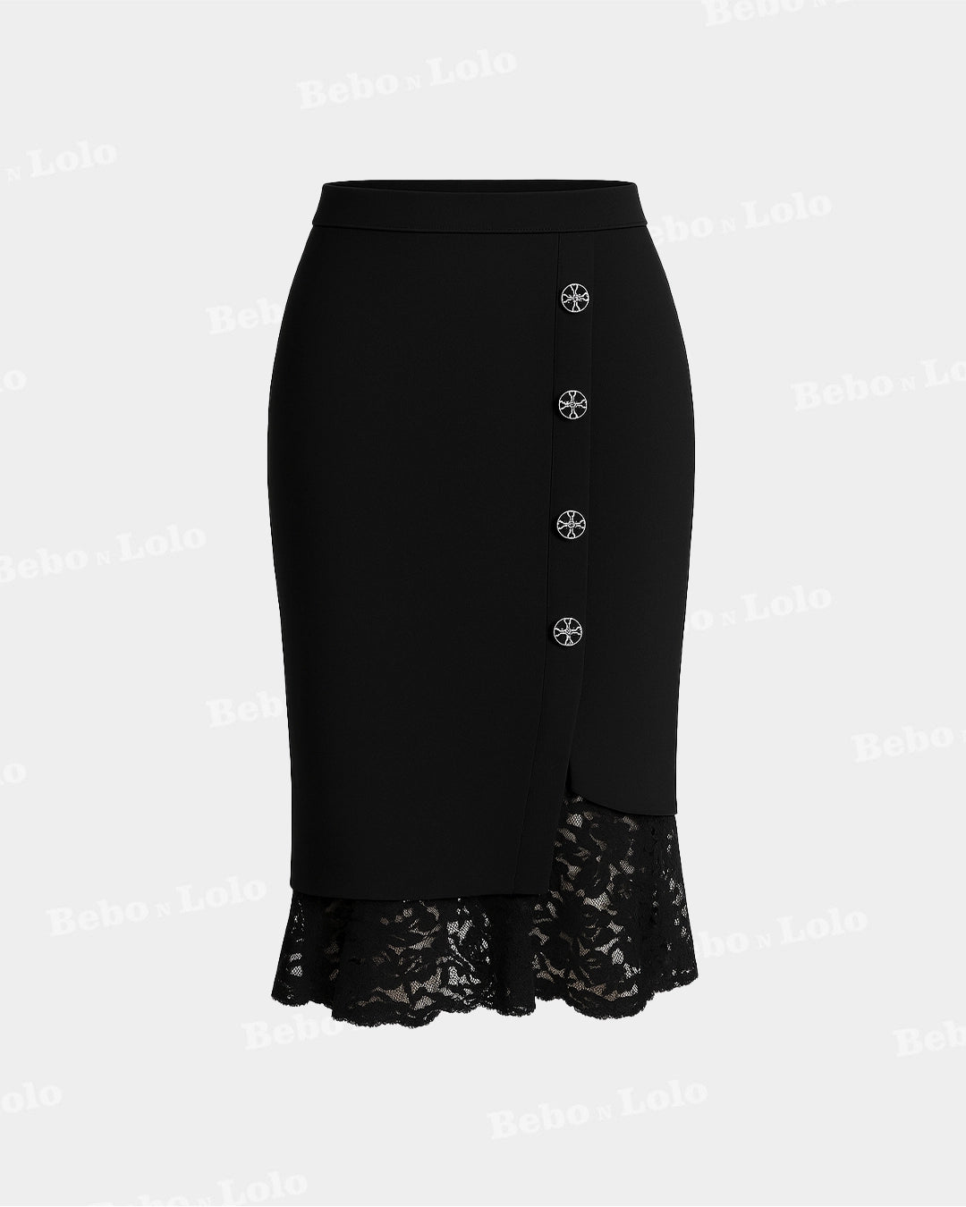 BeboNLolo black knee-length pencil skirt with side button detailing and lace hem – Front View