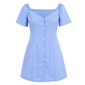 Light blue dress with button details on a white background