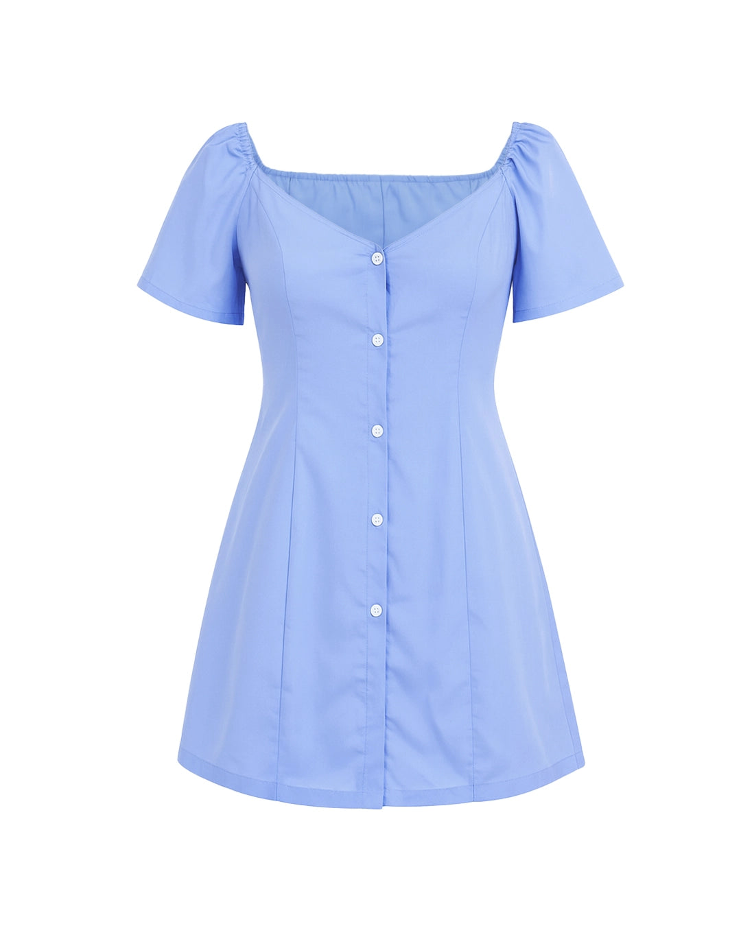 Light blue dress with button details on a white background