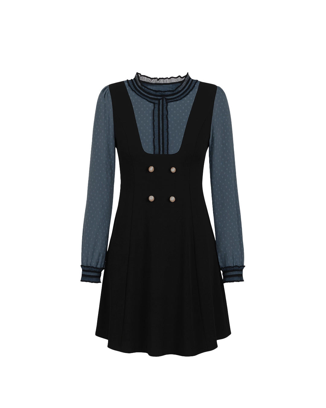 Black dress with long sleeves and buttons on a white background