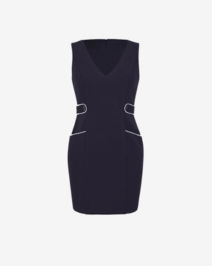 Black dress with white accents on a white background