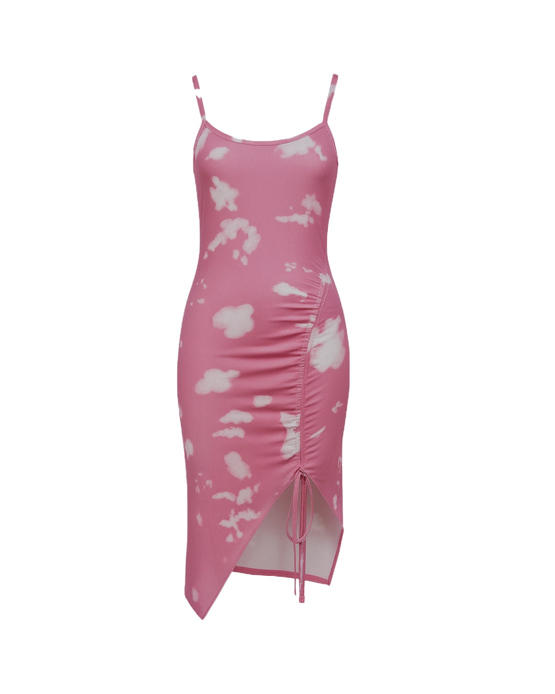 Pink dress with white floral pattern on a white background