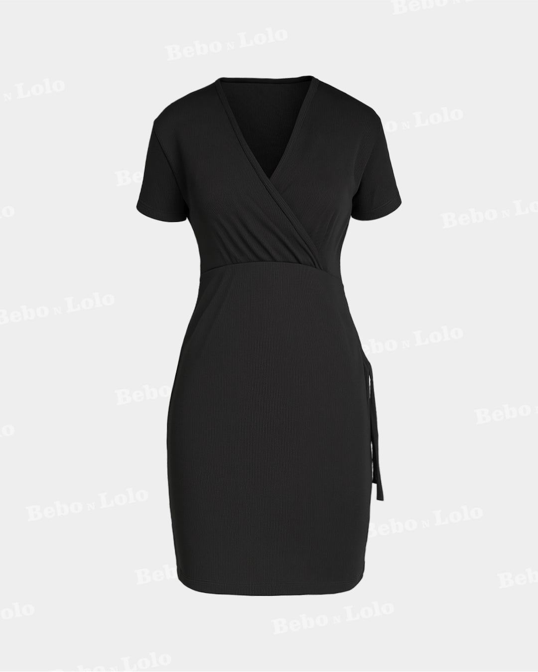 Classic Wrap Black Ribbed Mini Dress - bebonlolo