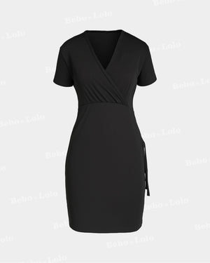 Classic Wrap Black Ribbed Mini Dress - bebonlolo