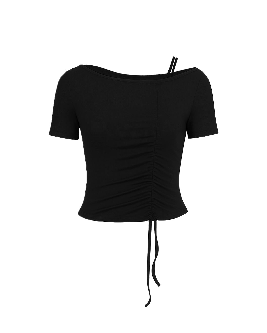 Black one-shoulder top with ruched design on a white background