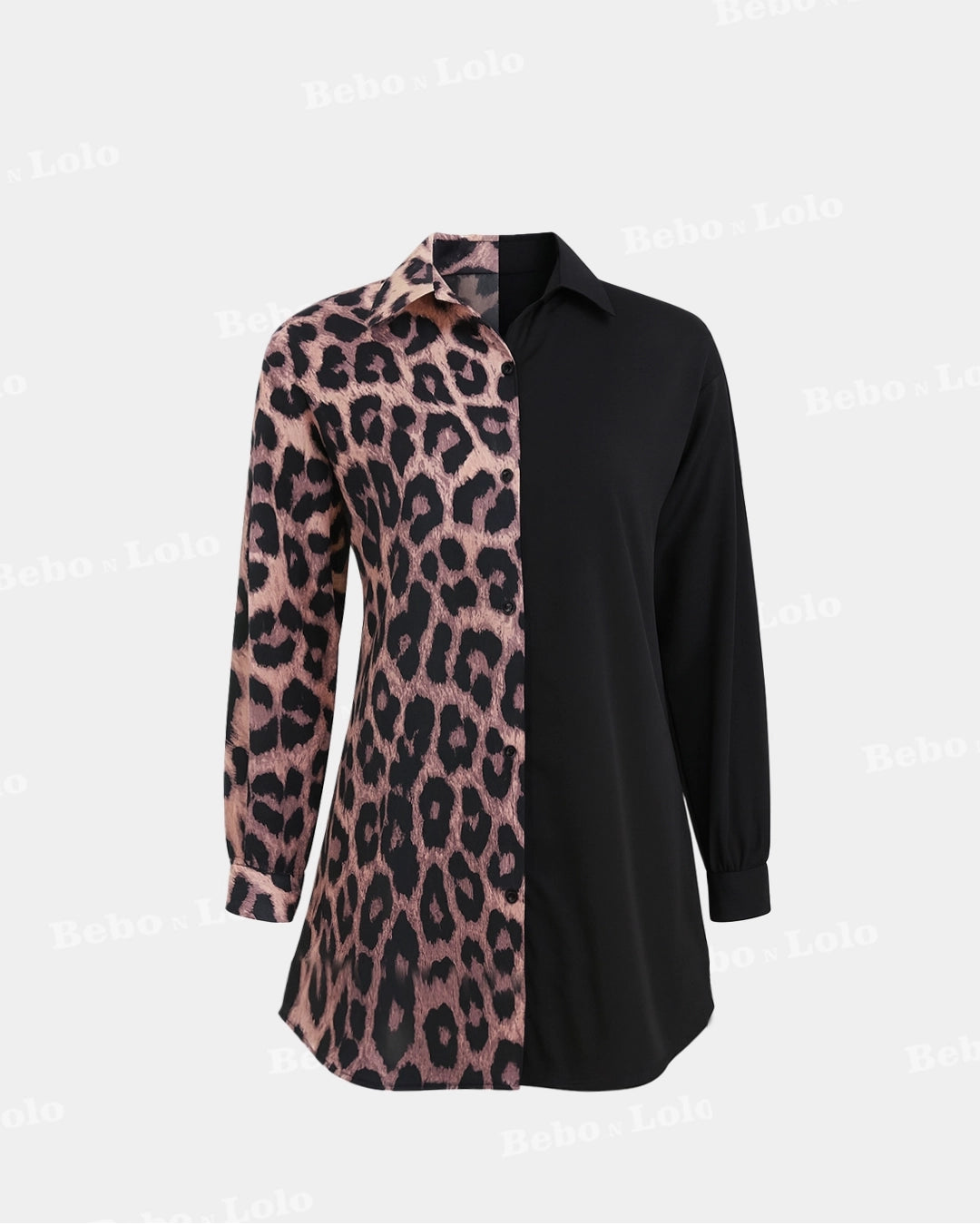 BeboNLolo Eclipse Contrast Leopard Shirt with half pink leopard print and half solid black – Front View