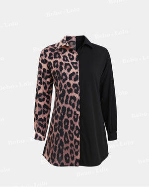 BeboNLolo Eclipse Contrast Leopard Shirt with half pink leopard print and half solid black – Front View