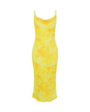 Yellow tie-dye dress on a white background