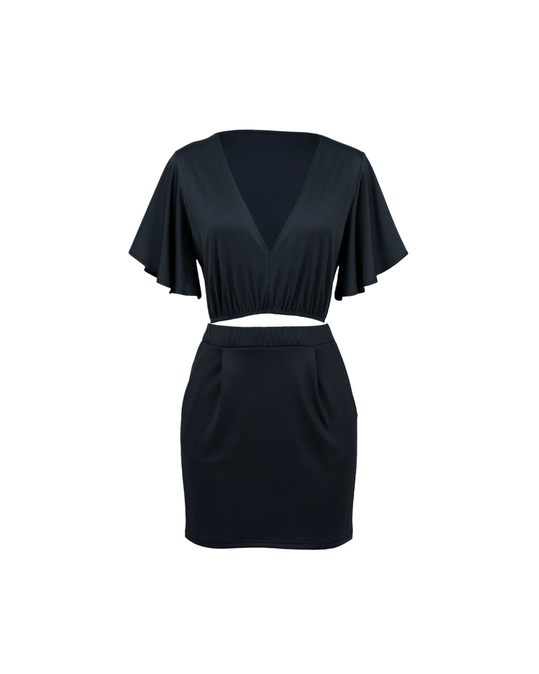 Black two-piece outfit on a white background