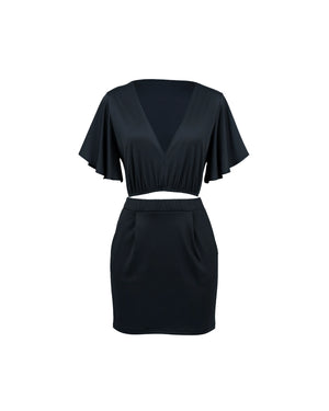 Black two-piece outfit on a white background