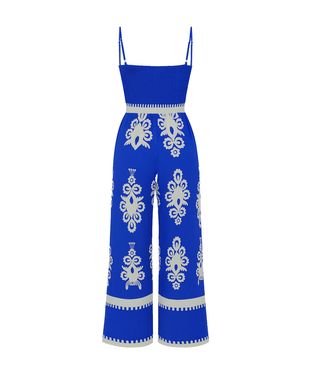 Blue jumpsuit with white patterns on a white background
