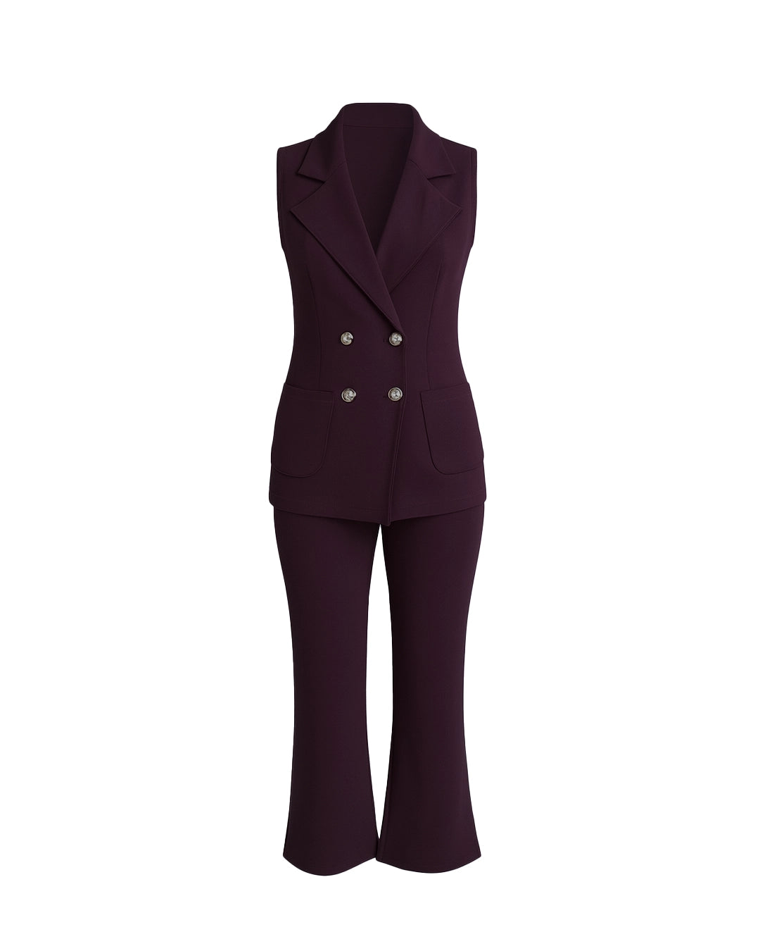 Dark purple suit with vest and pants on a white background