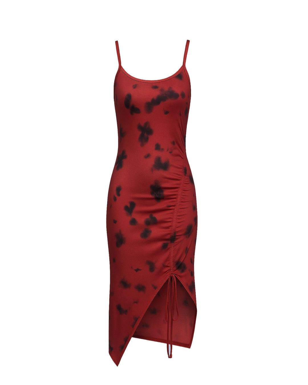 Red dress with black floral patterns on a white background