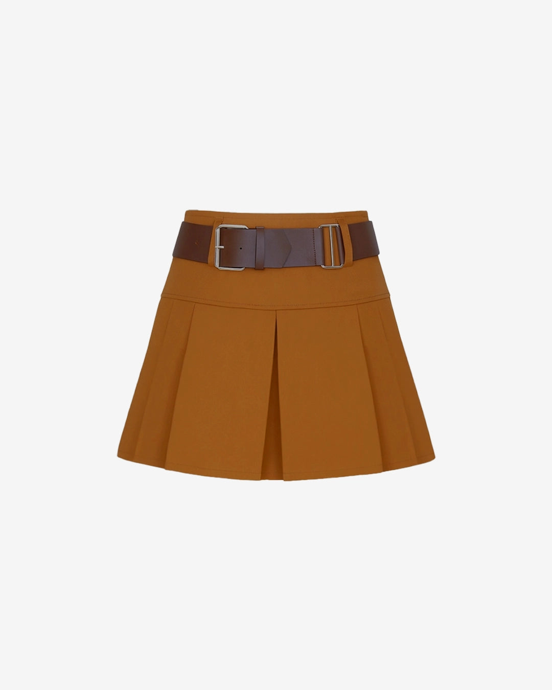 Brown pleated skirt with a belt on a white background