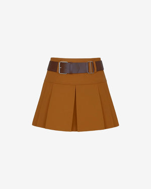 Brown pleated skirt with a belt on a white background