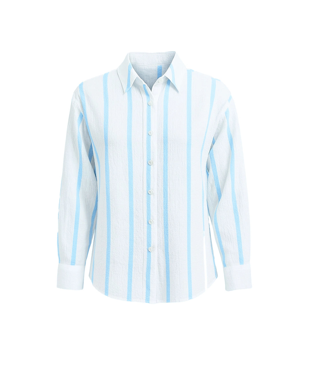 White shirt with light blue stripes on a white background