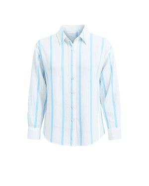White shirt with light blue stripes on a white background