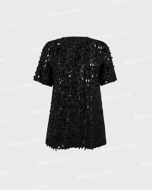 BeboNLolo Radiant Sequin Embellished Dress in black with shimmering details – Front View