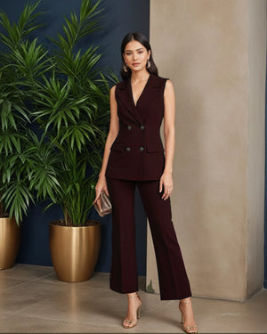 Woman in a burgundy suit standing next to a potted plant indoors.