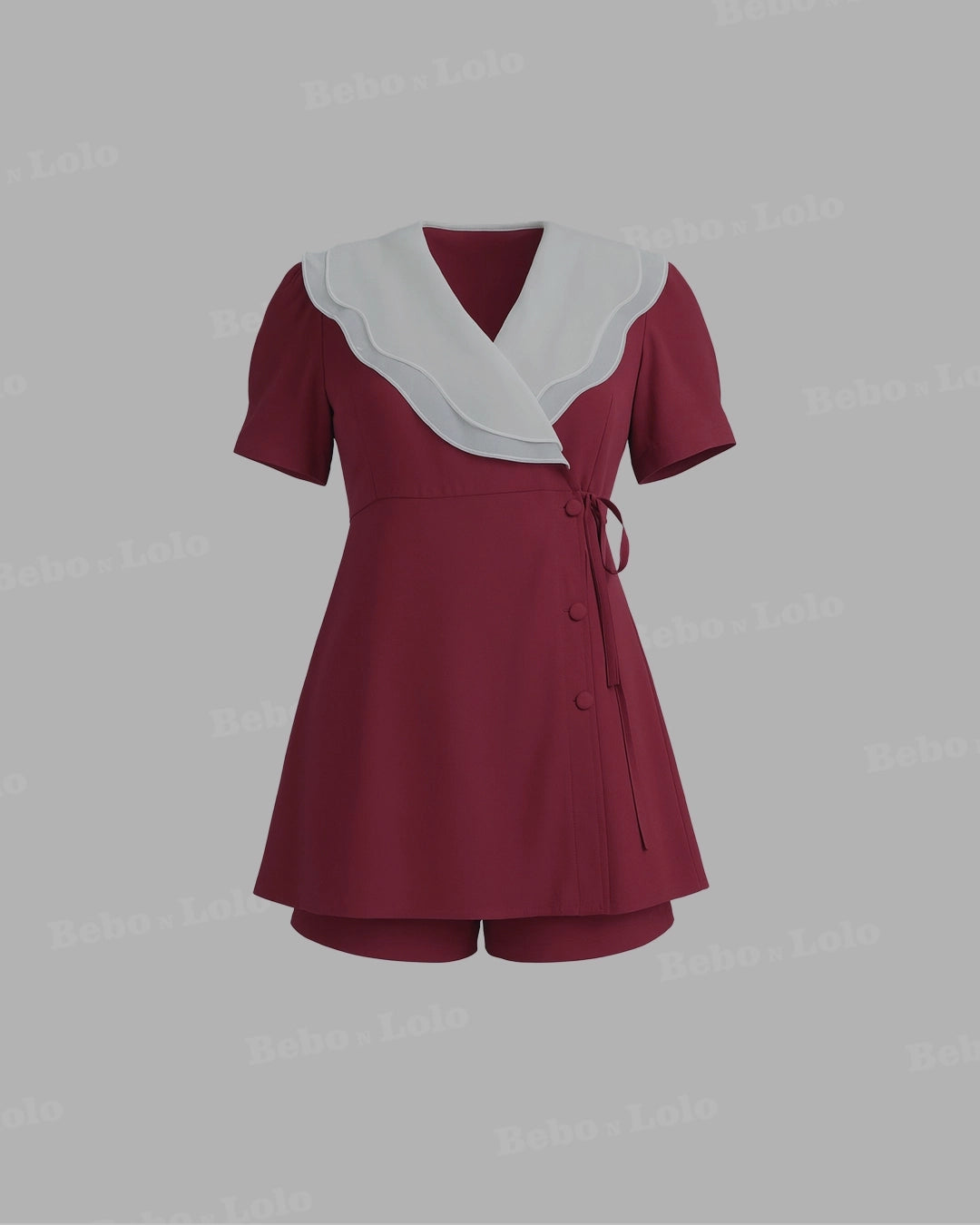 Wrap Blazer Shorts Set with White Scallop Collar