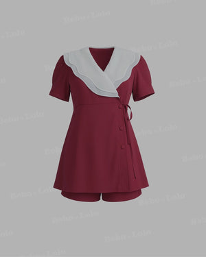 Wrap Blazer Shorts Set with White Scallop Collar