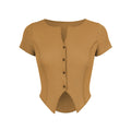 Brown ribbed top with button details on a white background