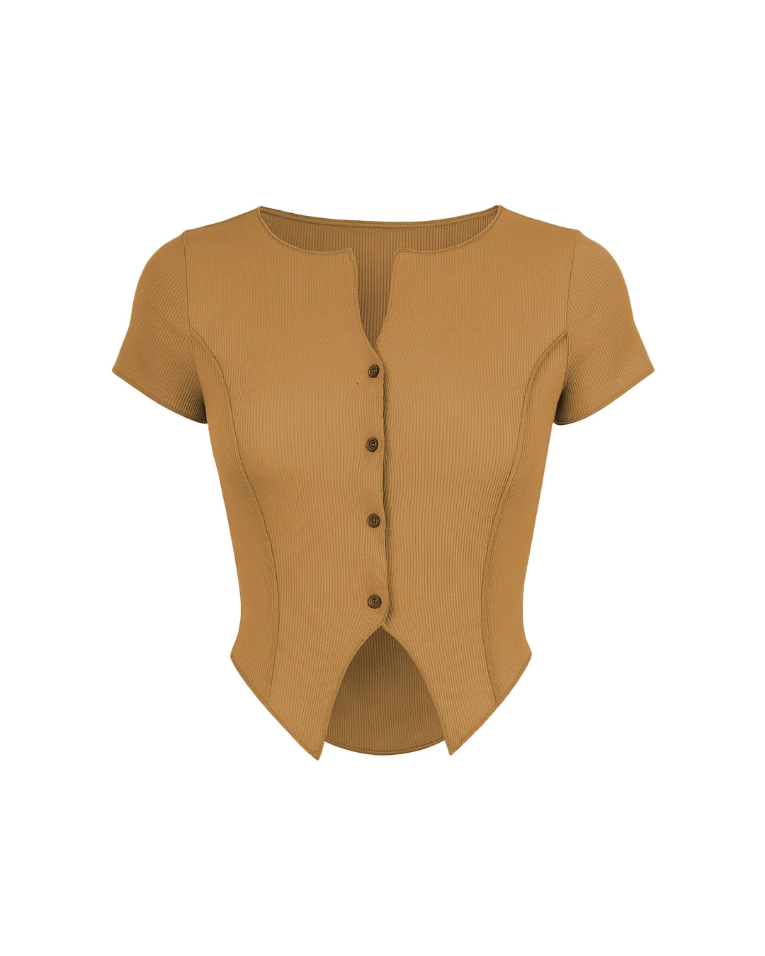 Brown ribbed top with button details on a white background