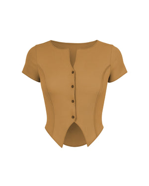 Brown ribbed top with button details on a white background
