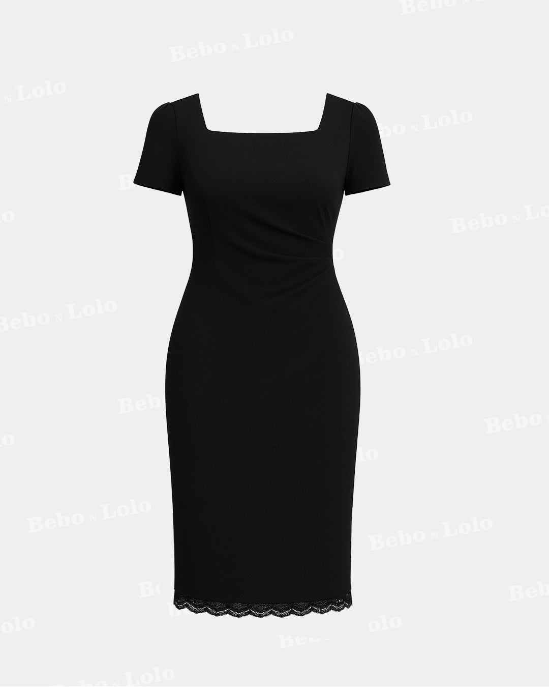 BeboNLolo Luxe Lace Hem Midi Dress in black with square neckline, short sleeves and lace trim – Front View