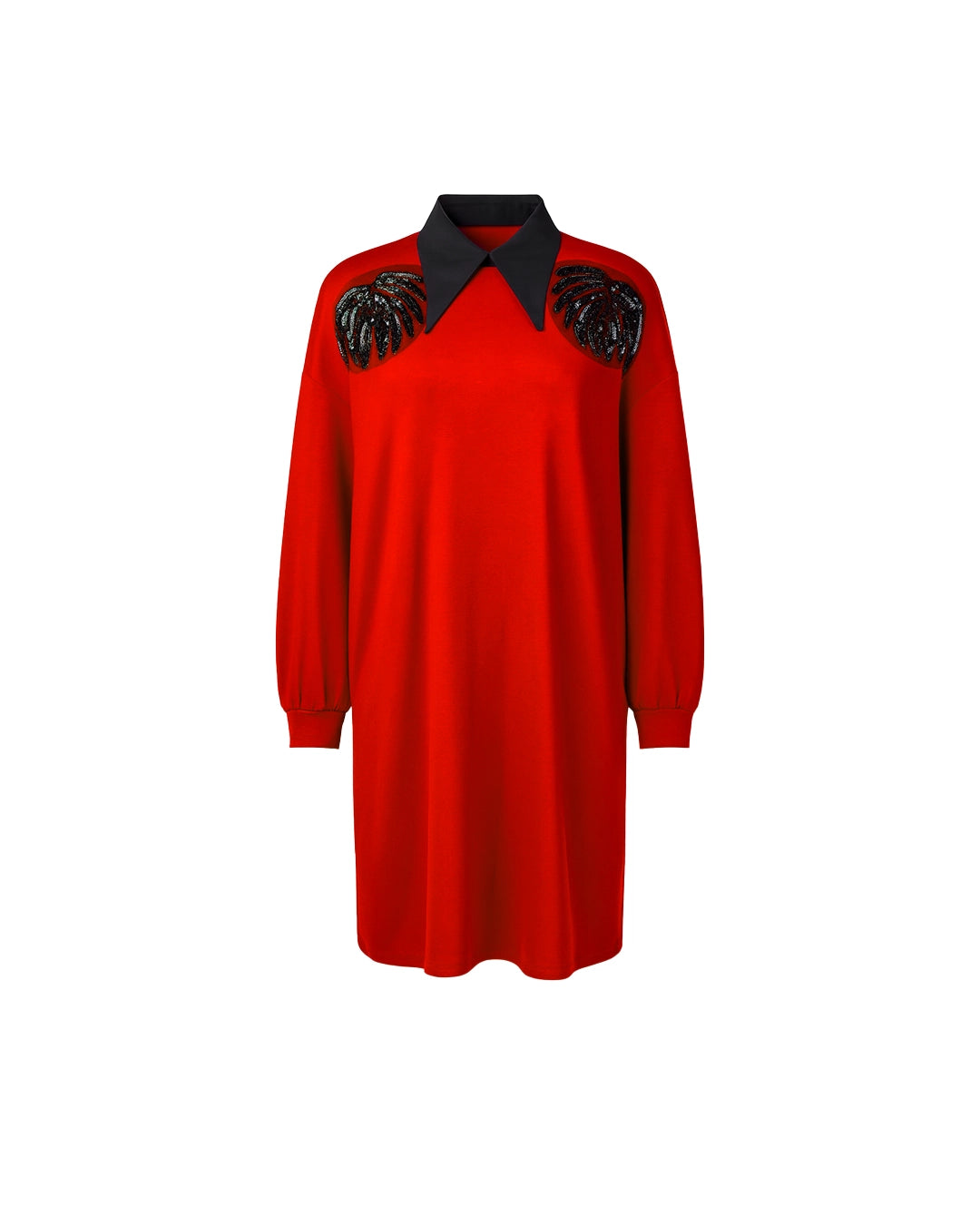 Red dress with black collar and embellishments on a white background