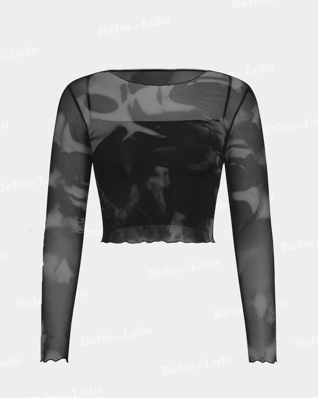 BeboNLolo black sheer mesh long-sleeve crop top with abstract pattern – Front View