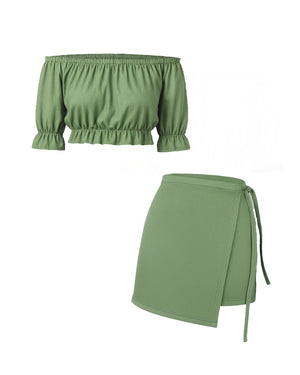 Green off-shoulder top and wrap skirt set on a white background