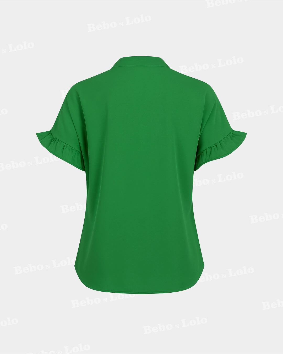BeboNLolo Ruffle Charm Button Top in green with gathered yoke and plain back design – Back View