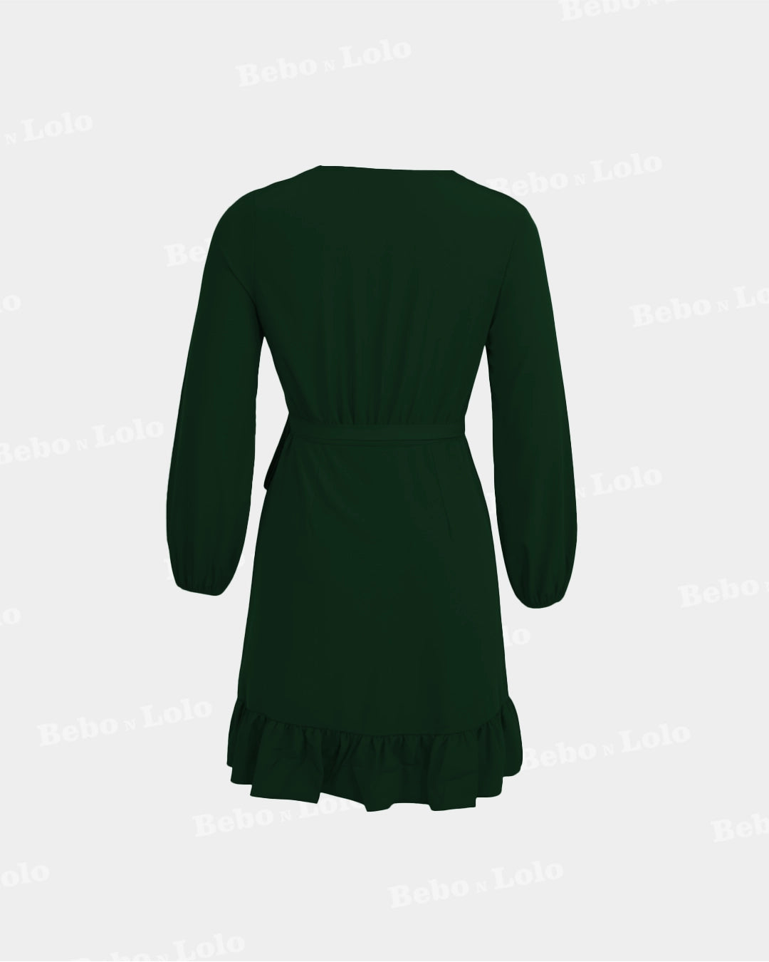 BeboNLolo green wrap dress with ruffle hem and tie-back detail – Back View