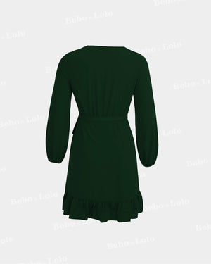 BeboNLolo green wrap dress with ruffle hem and tie-back detail – Back View