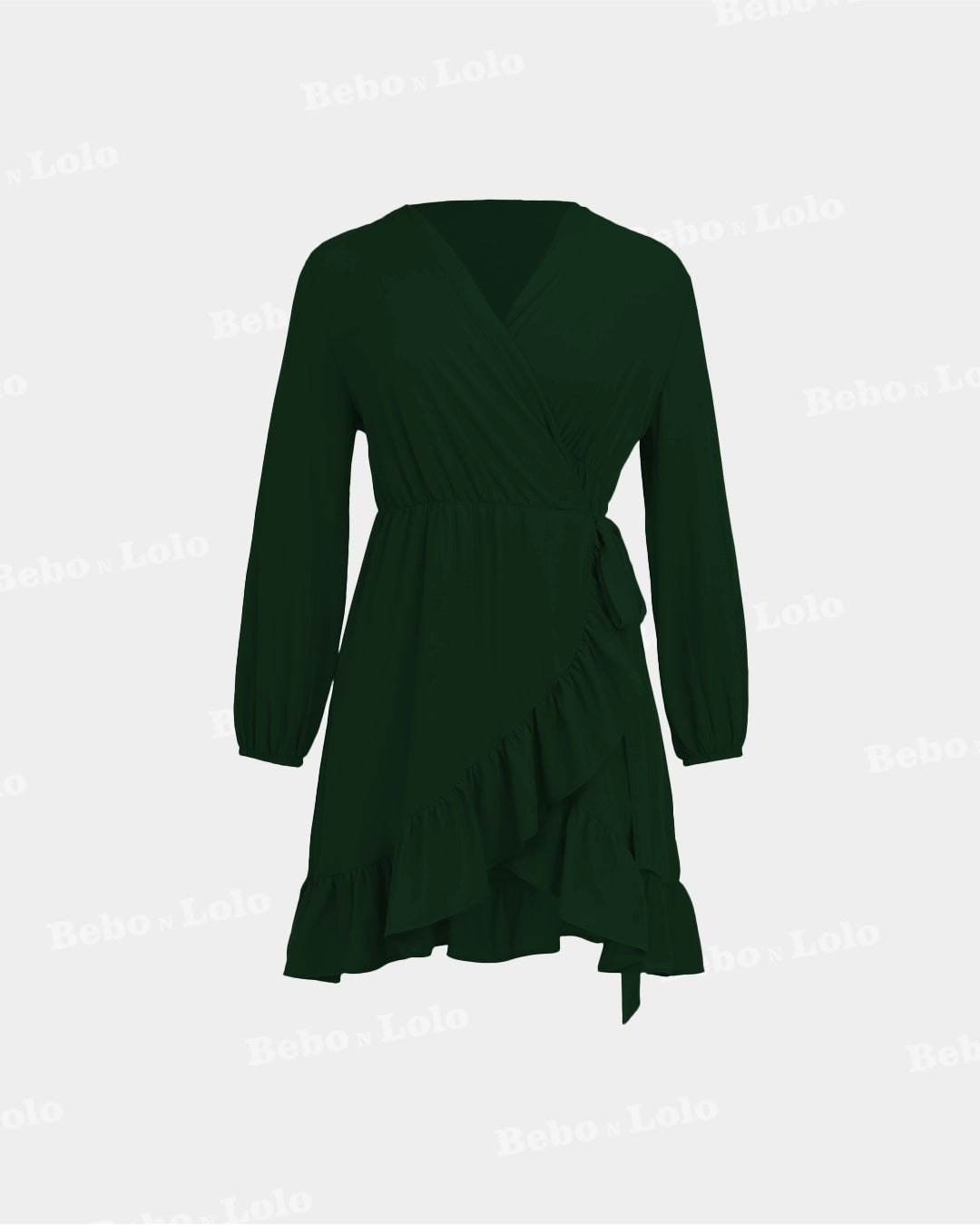 BeboNLolo green wrap dress with V-neckline, long sleeves and ruffle hem – Front View
