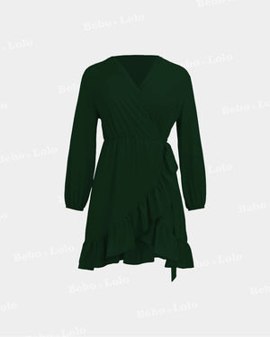 BeboNLolo green wrap dress with V-neckline, long sleeves and ruffle hem – Front View