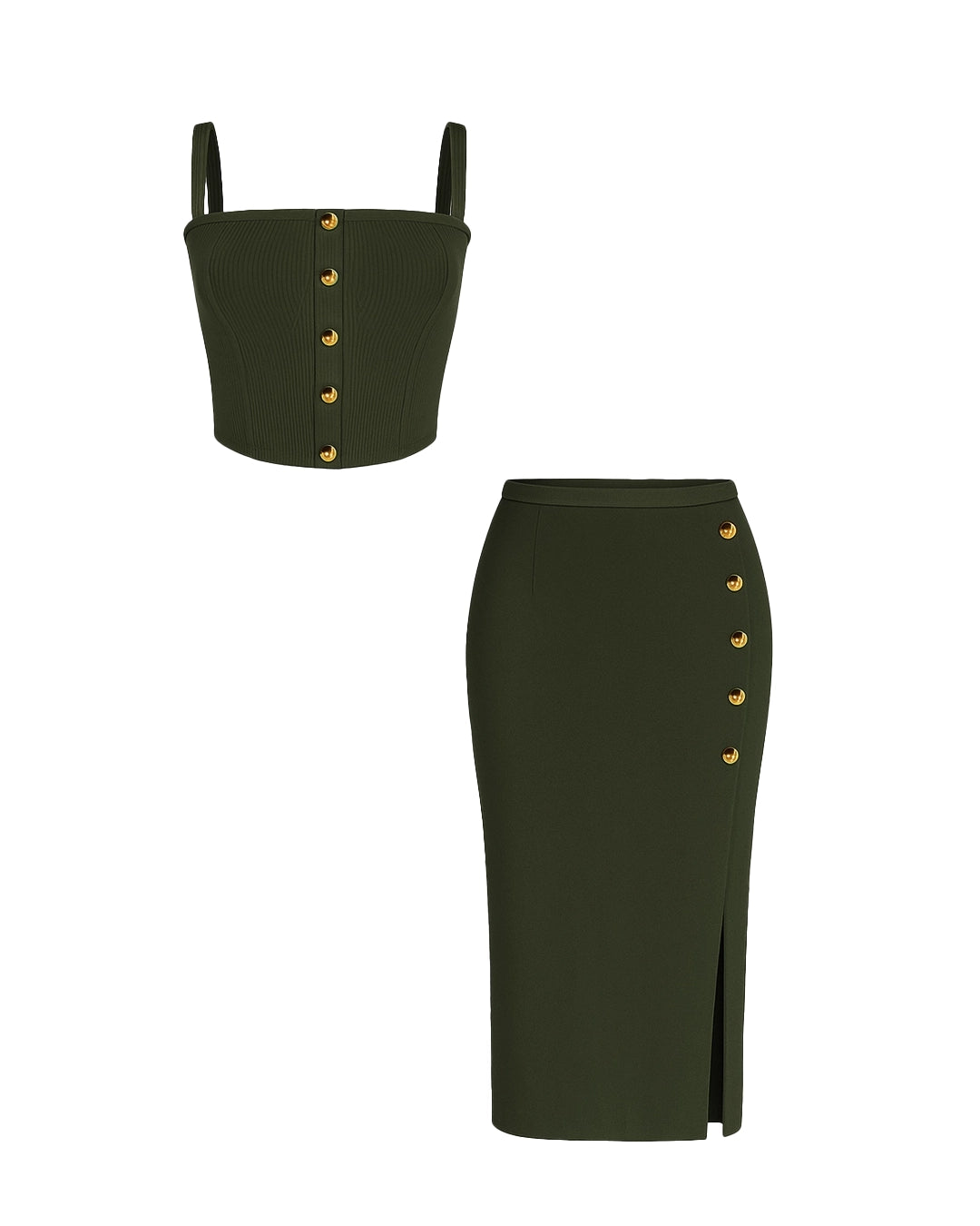 Green crop top and pencil skirt set with gold buttons on a white background