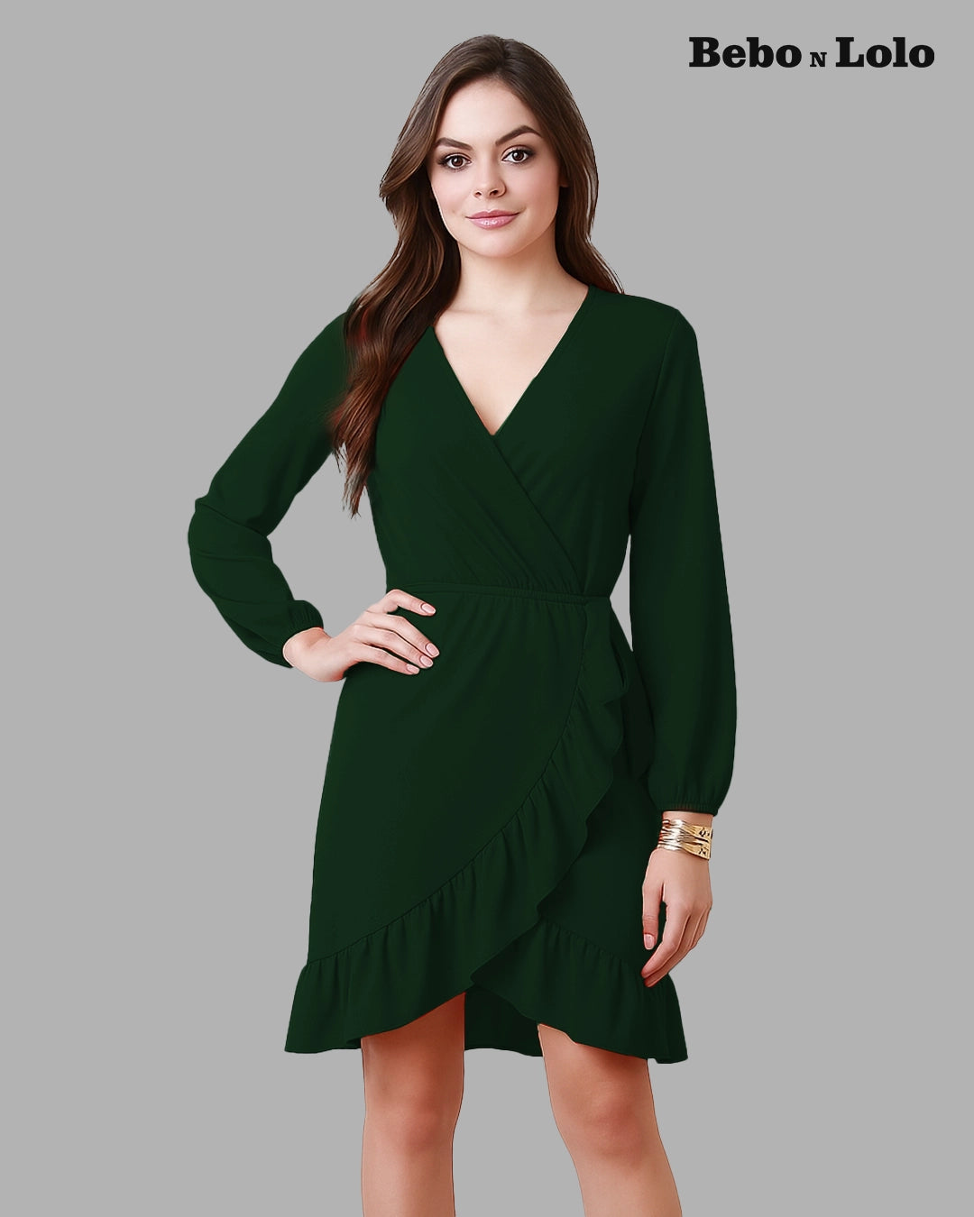 BeboNLolo green  wrap dress with V-neckline, long sleeves and ruffle hem – Front View