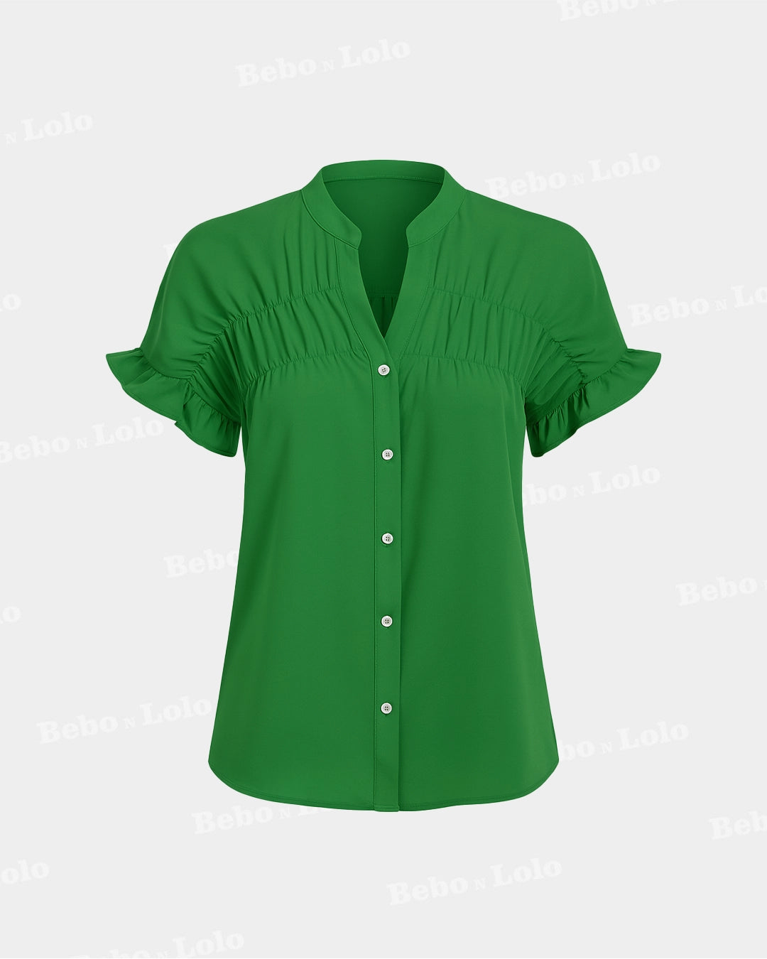 BeboNLolo Ruffle Charm Button Top in green with short ruffle sleeves and button-down front – Front View