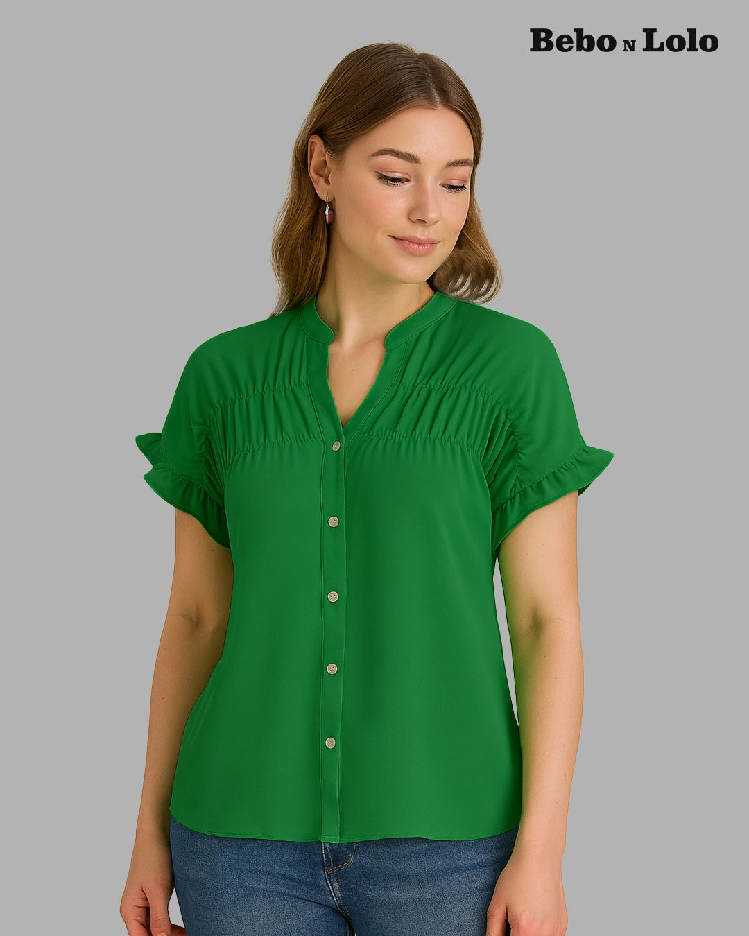 BeboNLolo Ruffle Charm Button Top in green with short ruffle sleeves and button-down front – Front View