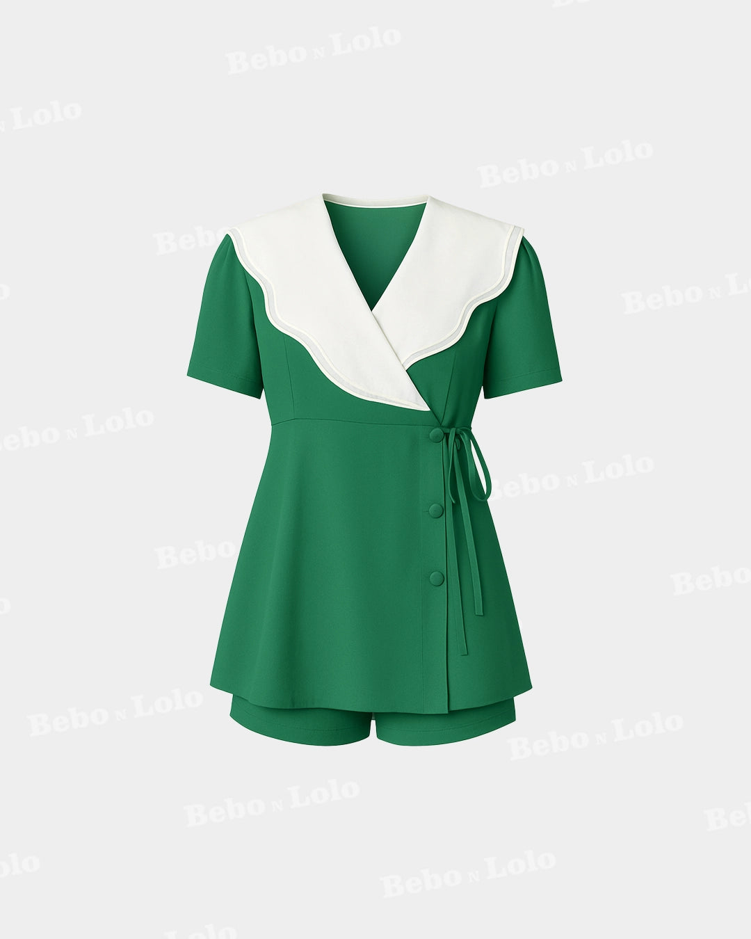 Wrap Blazer Shorts Set with White Scallop Collar
